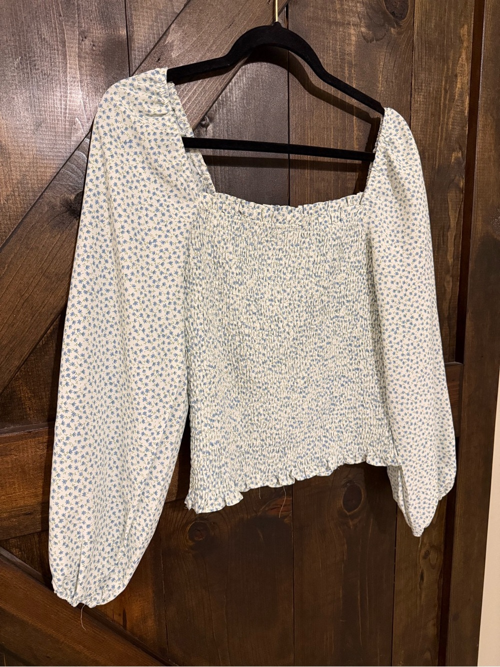 Smocked Square-Neck Blouse in Light Blue Floral